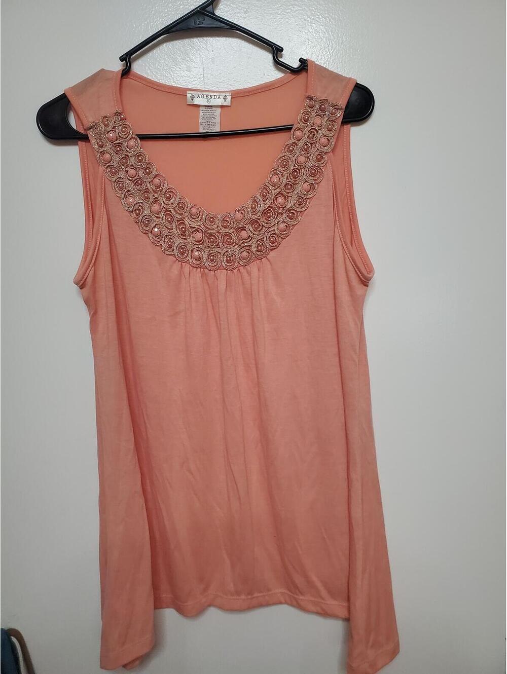 Agenda XL Peach Sleeveless Top with Embellished Neckline
